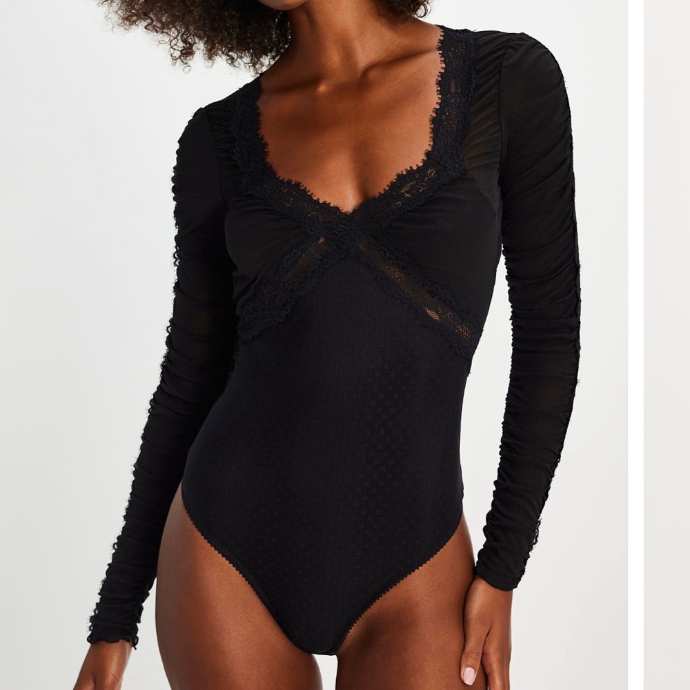 Free People Black Lace-Trim Long Sleeve Bodysuit